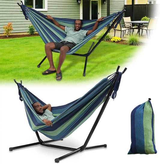 Basic Series Double Hammock, featuring a 9-foot space-saving steel stand and a storage bag, with a weight capacity of 450 pounds