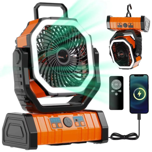 Rechargeable Camping Fan with LED Light, Portable Oscillating Fan with 360° Hook, Cordless Battery Powered